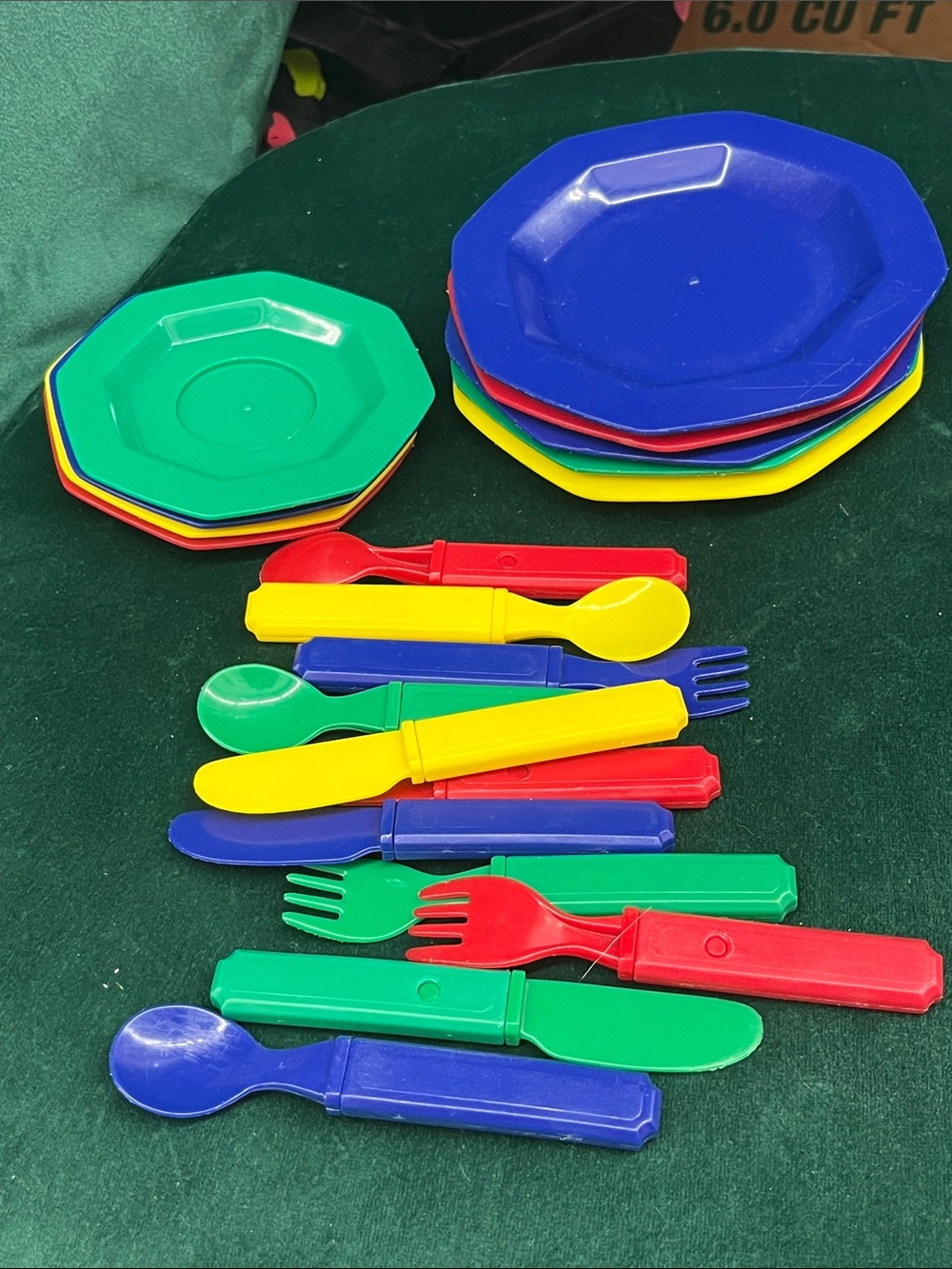 Colorful Kids Plastic Play Plates & Cutlery Set - Red, Yellow, Blue, Green